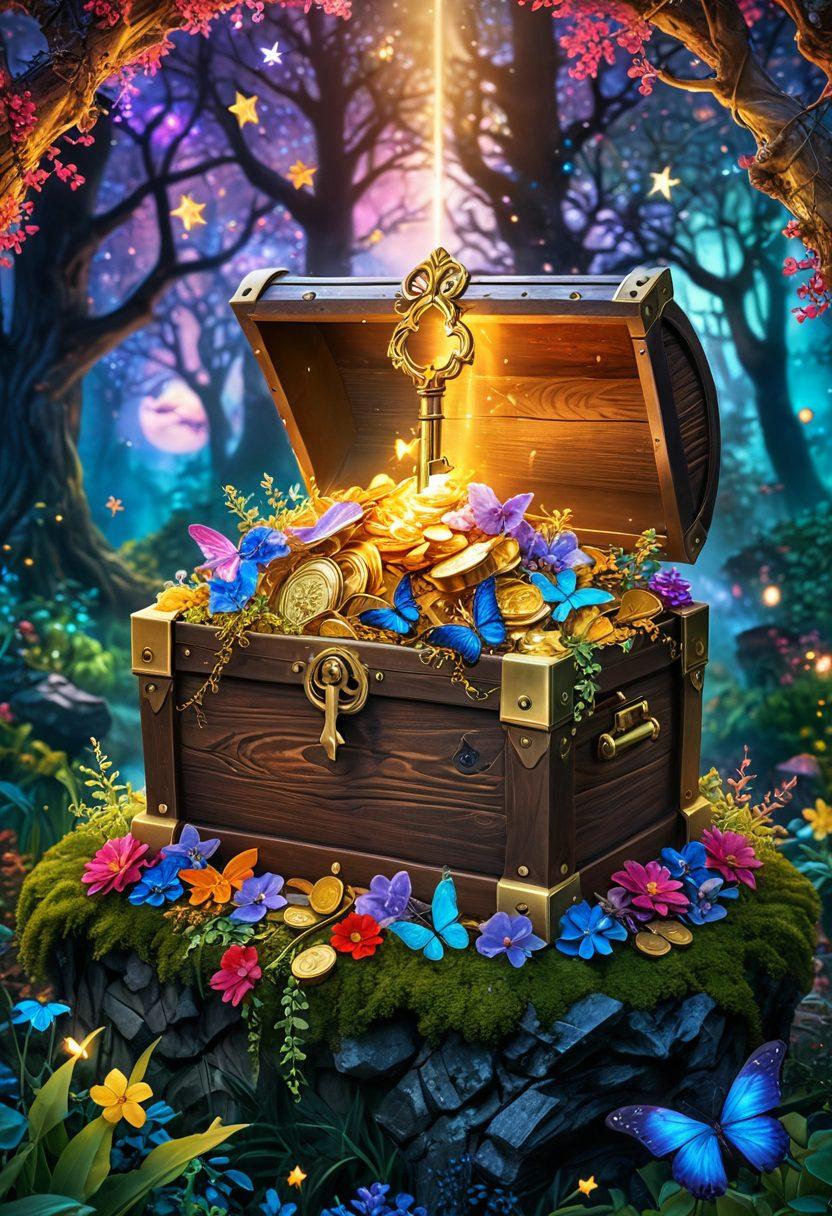 A magical key unlocking a treasure chest overflowing with gold coins, discount coupons, and vibrant reward tokens. Surround the chest with sparkling stars and glowing symbols of exclusivity like crowns and badges. The background should depict a whimsical landscape filled with colorful and enchanted elements that convey a sense of discovery and value. super-realistic. vibrant colors. fantasy style.