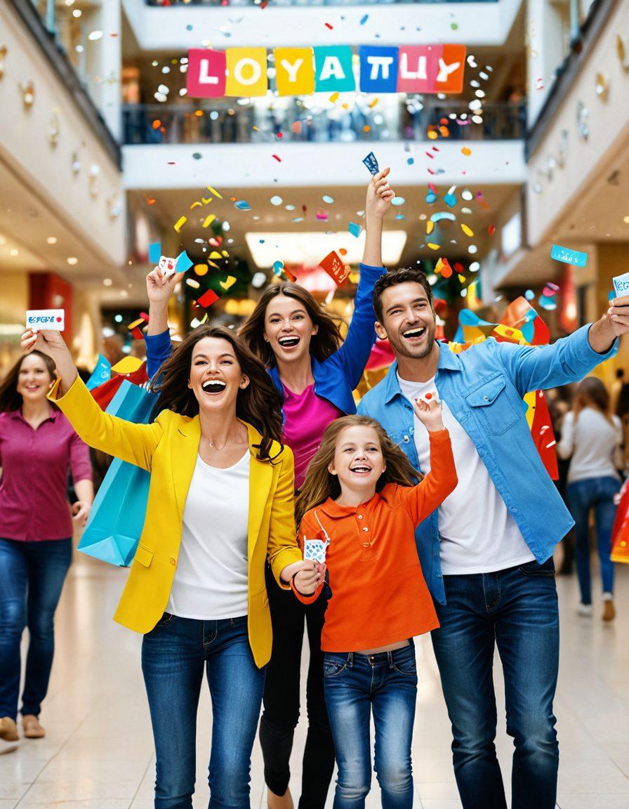 A vibrant, engaging scene showcasing a happy family in a bustling shopping mall, holding loyalty cards and exploring special discounts at various stores. In the background, eye-catching banners highlight advantage programs and exclusive member offers. Colorful confetti floats in the air, symbolizing celebration and rewards. The image emanates a sense of community, adventure, and excitement. digital art. vibrant colors. 3D effect.