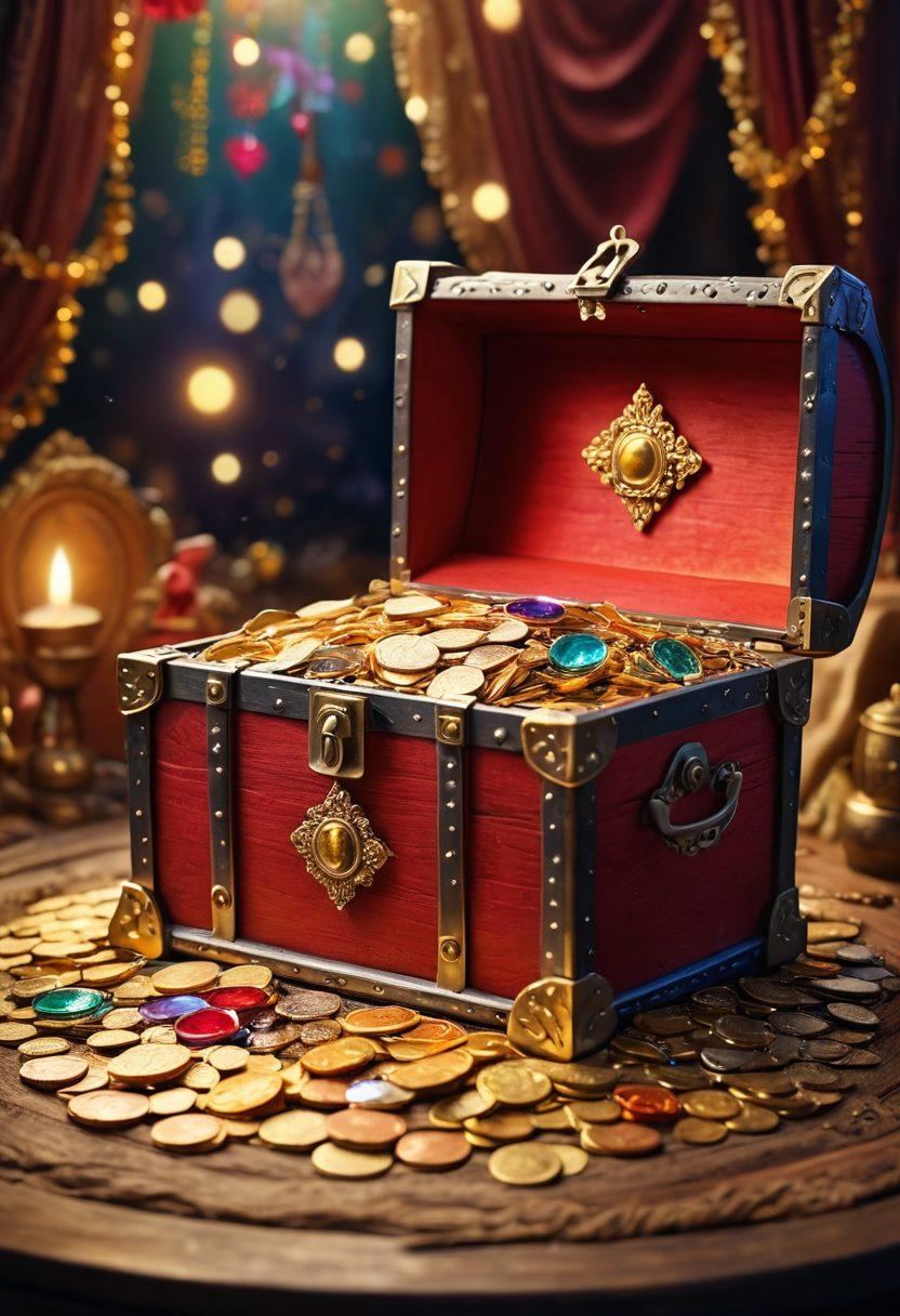 An enticing visual of a treasure chest overflowing with gold coins and valuable rewards against a backdrop of vibrant promotional posters showcasing various benefit schemes. Include a hand reaching towards the chest, symbolizing the quest for the best offers. Add sparkles and light effects for an uplifting feel. super-realistic. vibrant colors. dynamic composition.